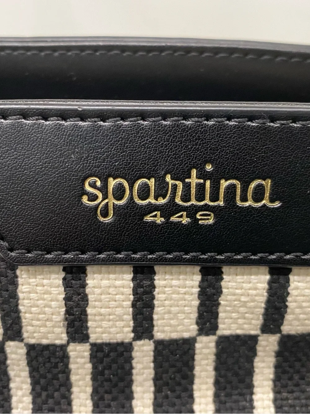 Spartina 449 Black & Cream Woven Check Tote with Tassels Linen/Leather